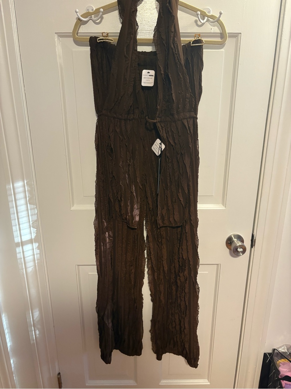 Fashion Nova Brown Crinkled Halter Jumpsuit